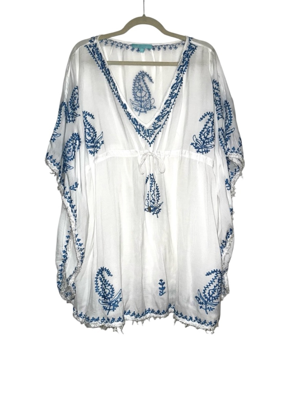 Melissa Odabash Sharize Blue Embroidered Kaftan Cover-up Mini Dress ONE SIZE
